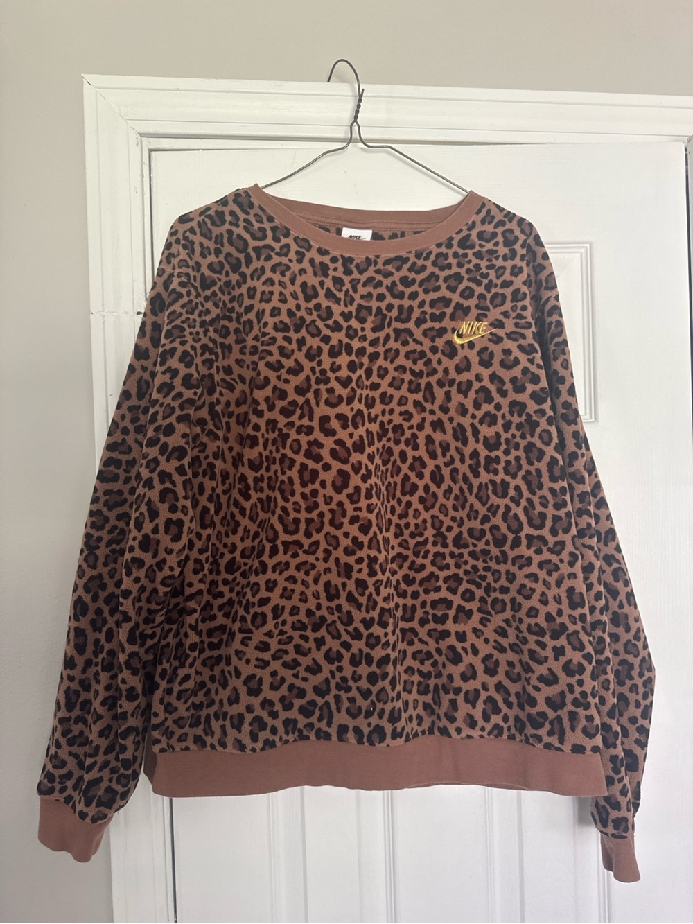 Nike Leopard-Print Crewneck Sweater in Brown with Yellow Logo - Picture 2 of 4